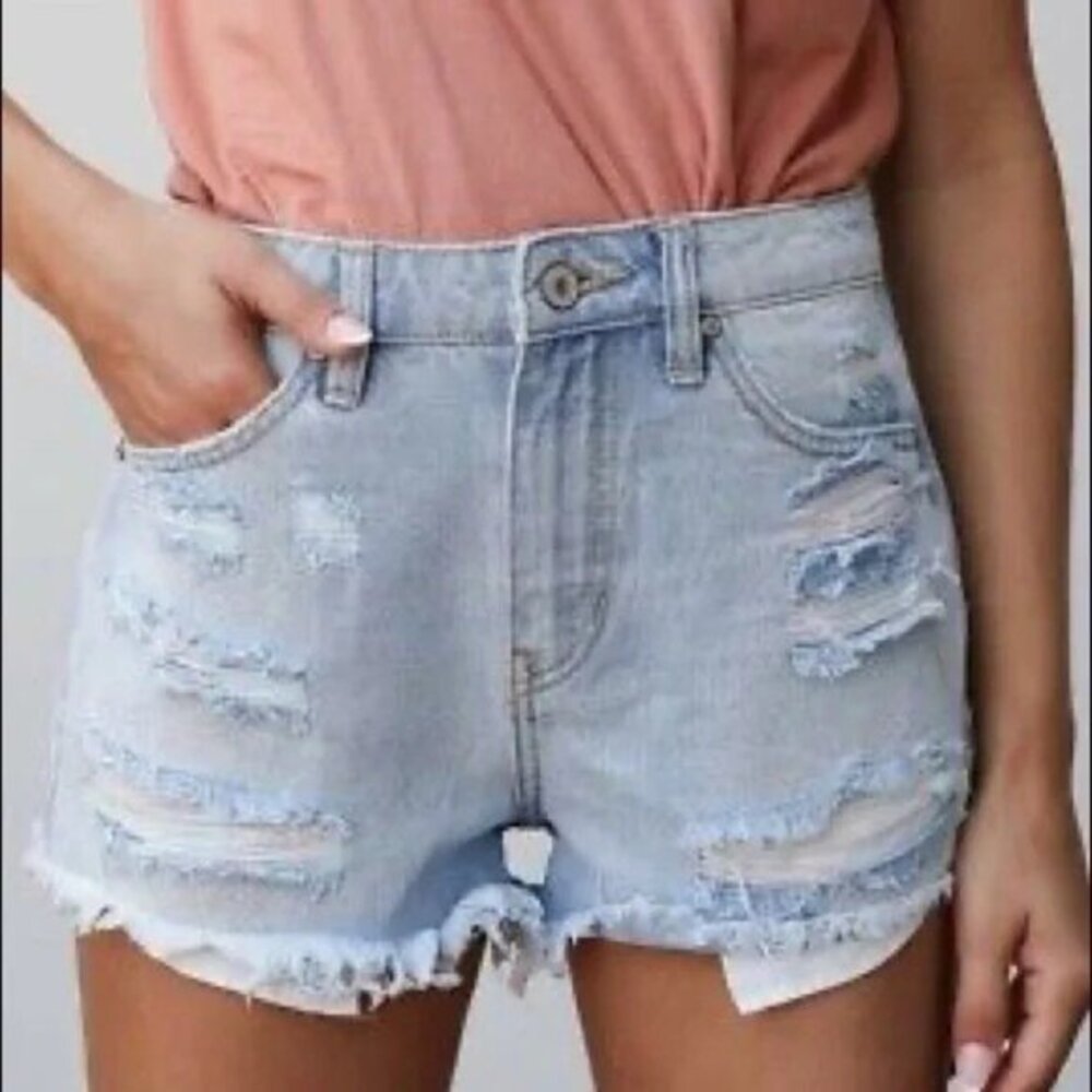 KanCan Rainbow Kiss Thread High Waisted Ripped Jean Shorts-‎ Medium
